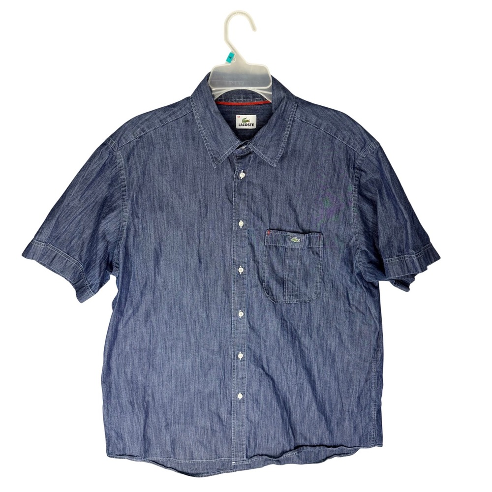 Lacoste Mens Blue Chambray Short Sleeve Button Down Shirt Size 44 XL Logo Pocket